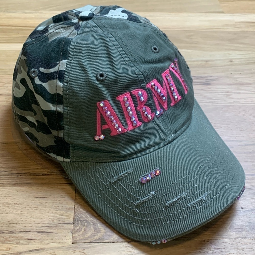 Army Pink Rhinestone Stidded Green Camo Adjustable Baseball Cap Women’s OS